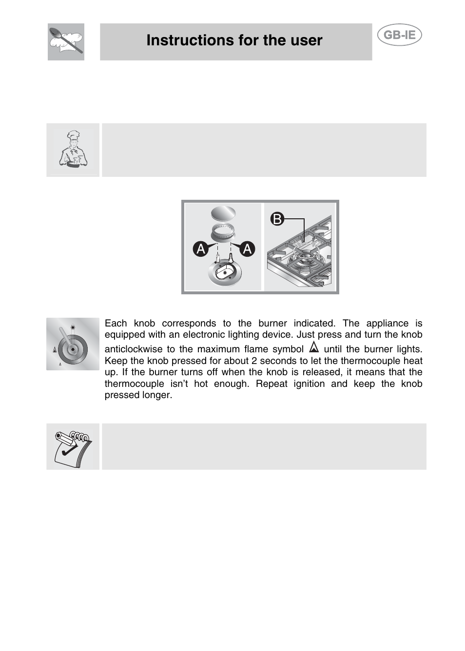 Use of the cooking hob, 1 lighting of the cooking hob burners, Instructions for the user | Smeg A42-5 User Manual | Page 16 / 28