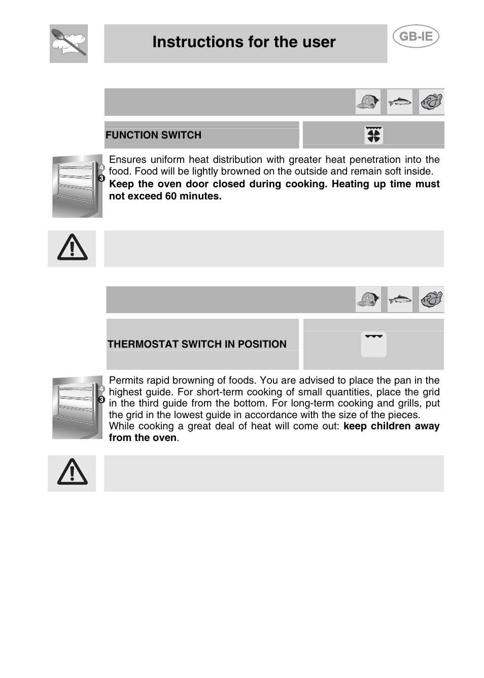 2 hot-air grilling, Grill cooking, Instructions for the user | 3 grill cooking | Smeg A42-5 User Manual | Page 20 / 28