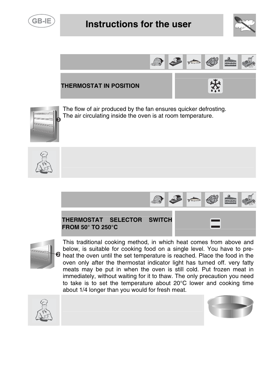 Traditional cooking, Instructions for the user, 4 defrosting | 5 traditional cooking, Thermostat in position | Smeg A42-5 User Manual | Page 21 / 28