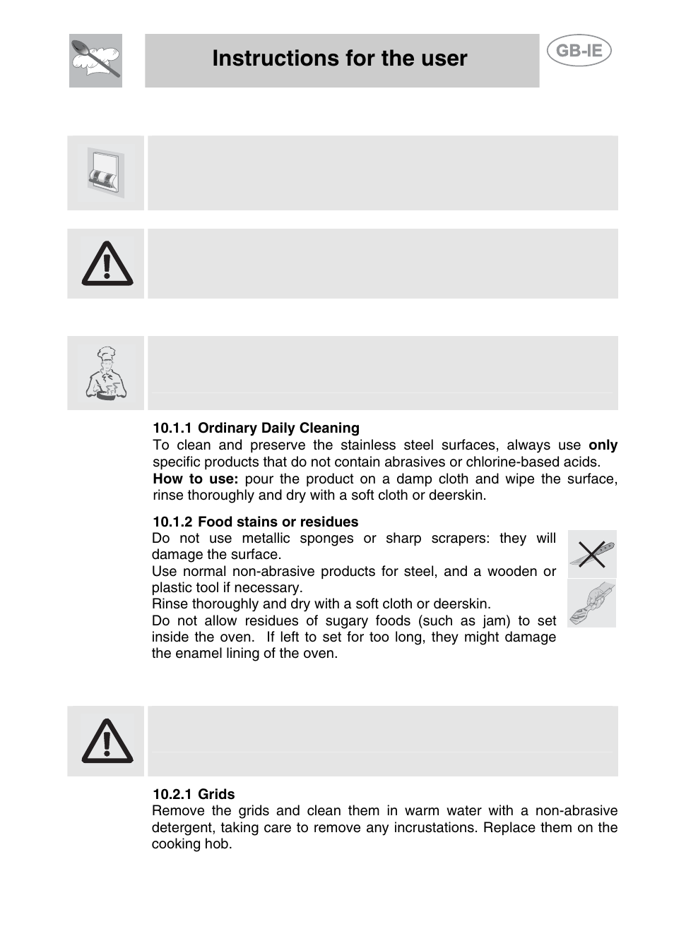 Cleaning and maintenance, 1 cleaning stainless steel, 1 ordinary daily cleaning | 2 food stains or residues, 2 cleaning of cooking hob components, 1 grids, Instructions for the user | Smeg A42-5 User Manual | Page 24 / 28