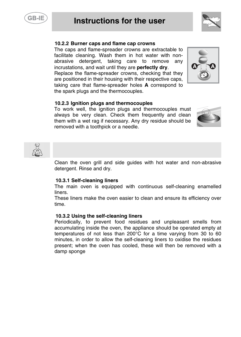 2 burner caps and flame cap crowns, 3 ignition plugs and thermocouples, 3 cleaning the inside of the oven | 1 self-cleaning liners, 2 using the self-cleaning liners, Instructions for the user | Smeg A42-5 User Manual | Page 25 / 28