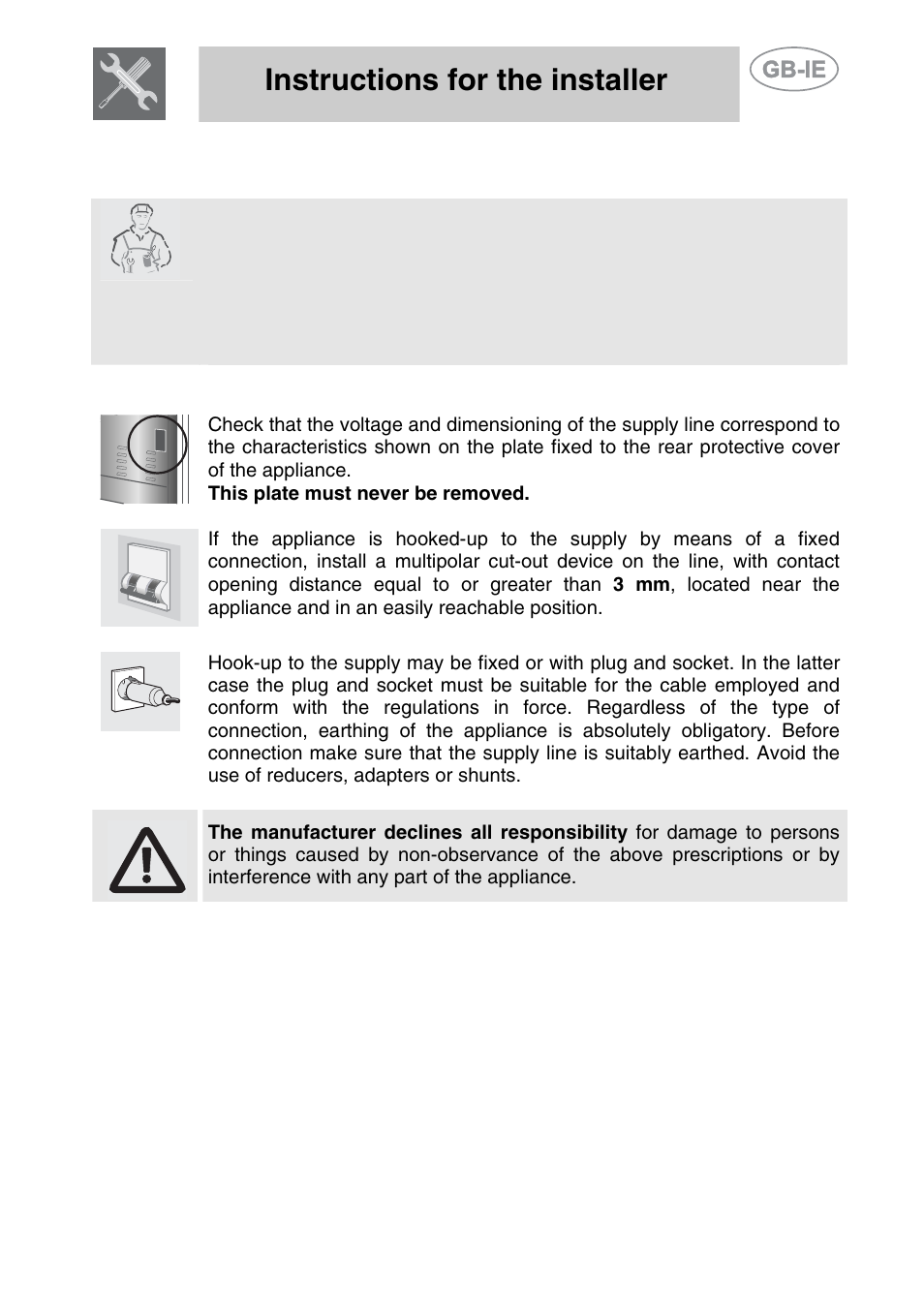 Installation of the appliance, 1 electrical connection, Instructions for the installer | Smeg A42-5 User Manual | Page 4 / 28