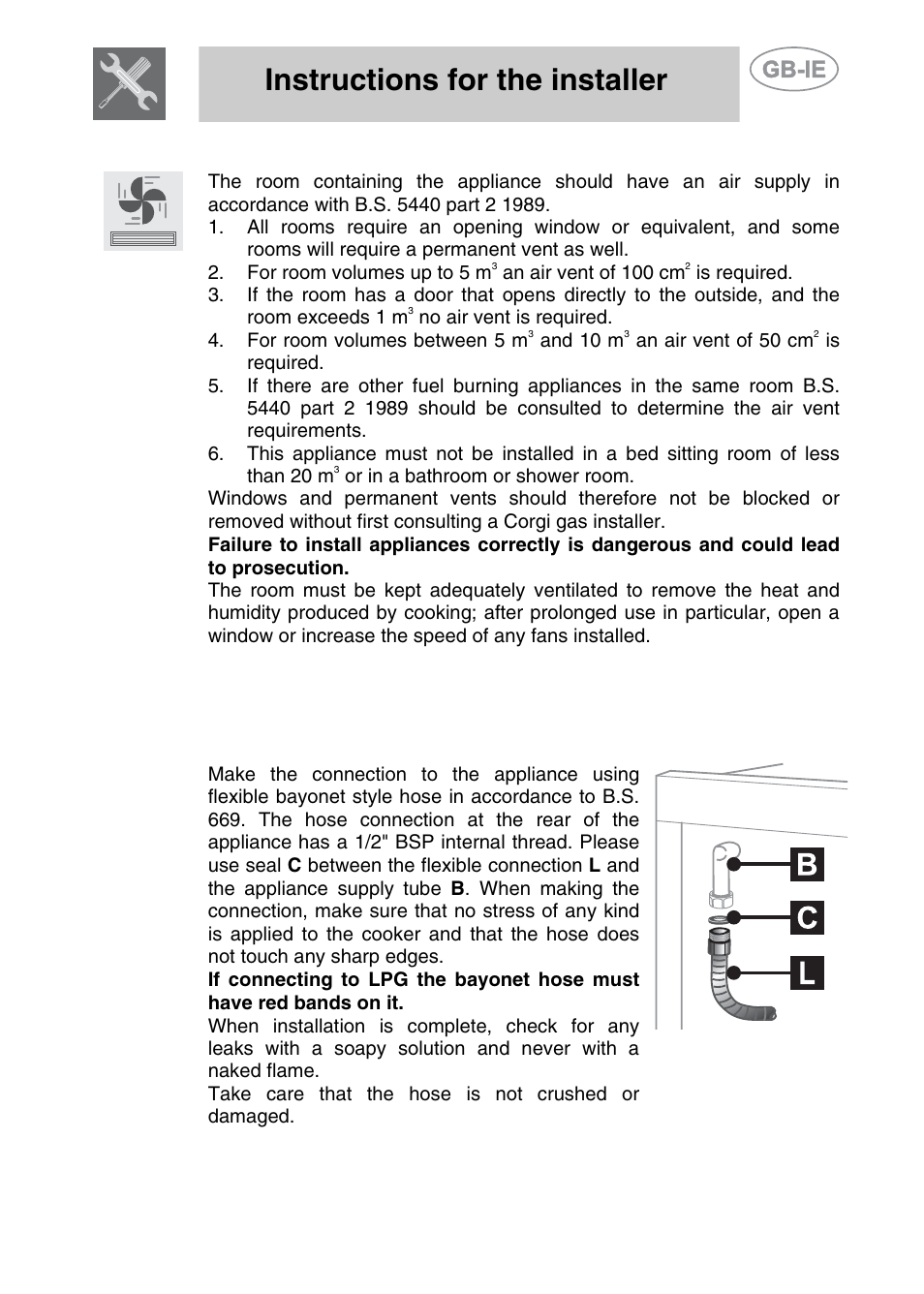 2 ventilation requirements, 3 connecting to natural and lpg gas, Instructions for the installer | Smeg A42-5 User Manual | Page 6 / 28