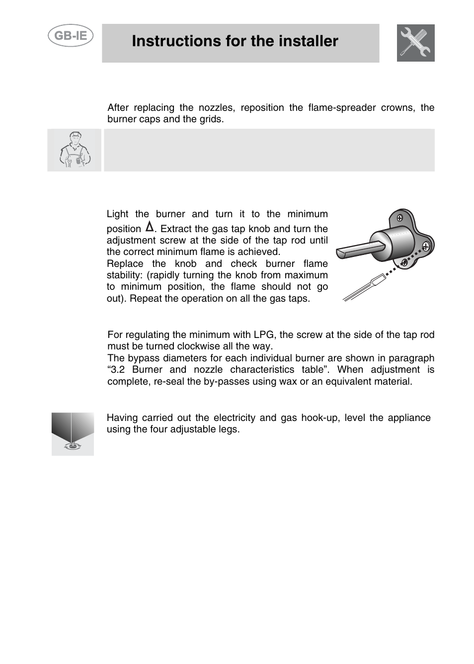 Final operations, 1 adjustment of minimum for natural gas, 2 regulation of minimum for lpg | 3 positioning and levelling of the appliance, Instructions for the installer | Smeg A42-5 User Manual | Page 9 / 28