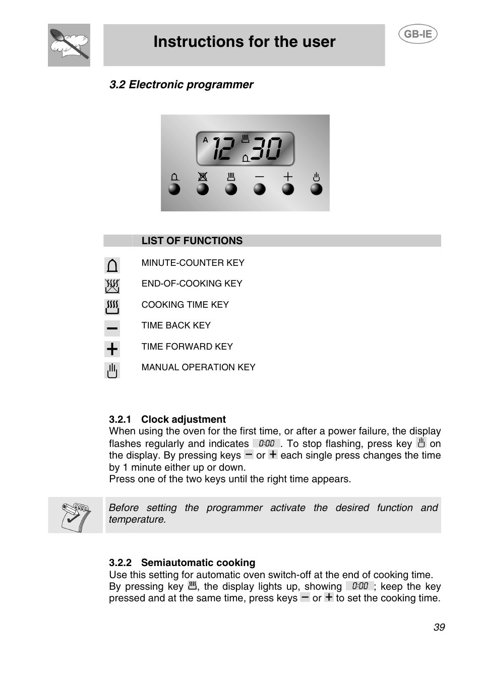 2 electronic programmer, 1 clock adjustment, 2 semiautomatic cooking | Instructions for the user | Smeg AP420X User Manual | Page 12 / 25