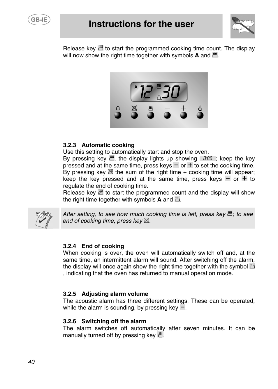 3 automatic cooking, 4 end of cooking, 5 adjusting alarm volume | Instructions for the user | Smeg AP420X User Manual | Page 13 / 25