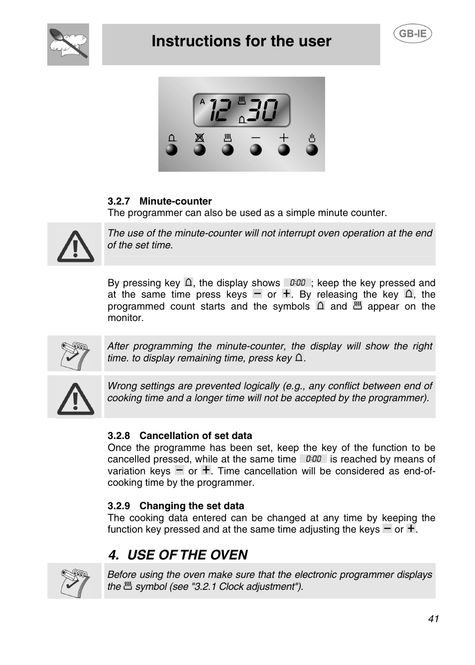 6 switching off the alarm, 7 minute-counter, 8 cancellation of set data | 9 changing the set data, Instructions for the user, Use of the oven | Smeg AP420X User Manual | Page 14 / 25