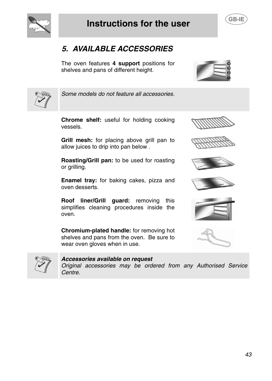 Available accessories, Instructions for the user | Smeg AP420X User Manual | Page 16 / 25