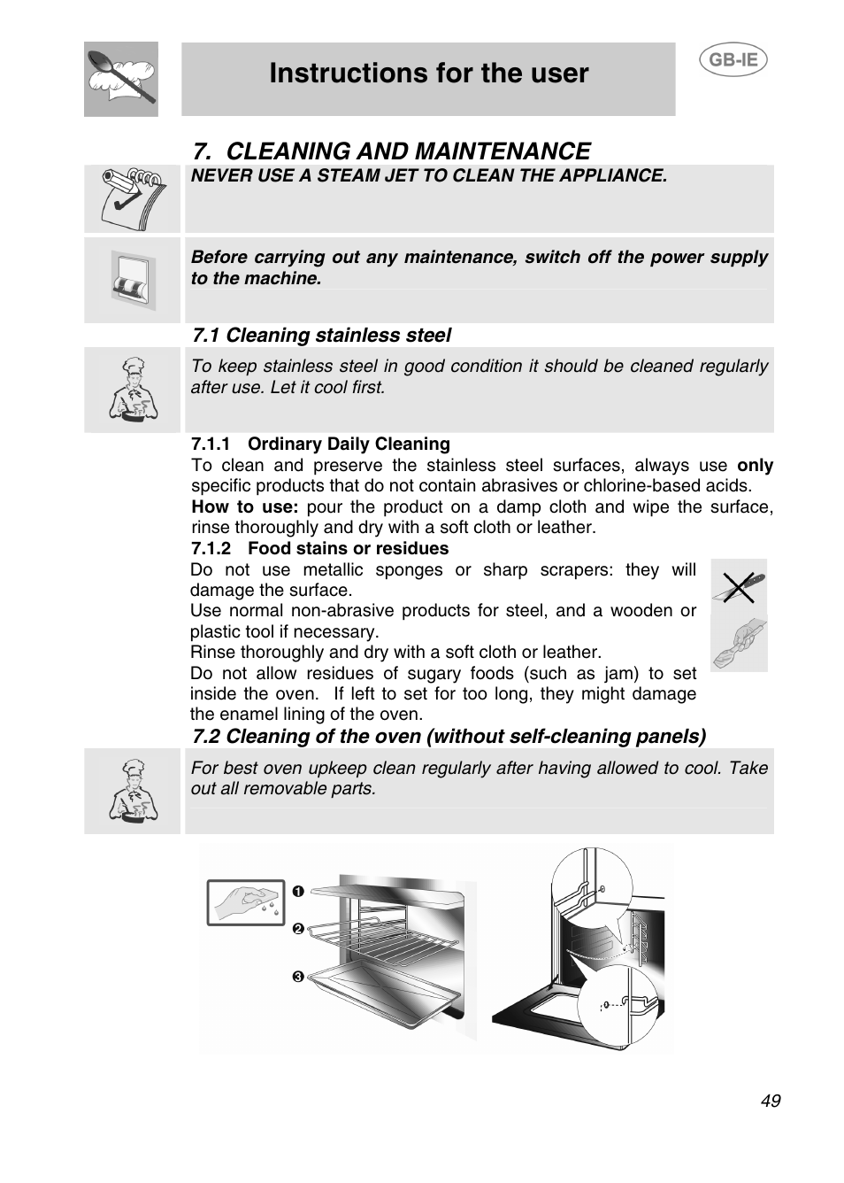 Cleaning and maintenance, 1 cleaning stainless steel, 1 ordinary daily cleaning | 2 food stains or residues, Instructions for the user, Never use a steam jet to clean the appliance | Smeg AP420X User Manual | Page 22 / 25