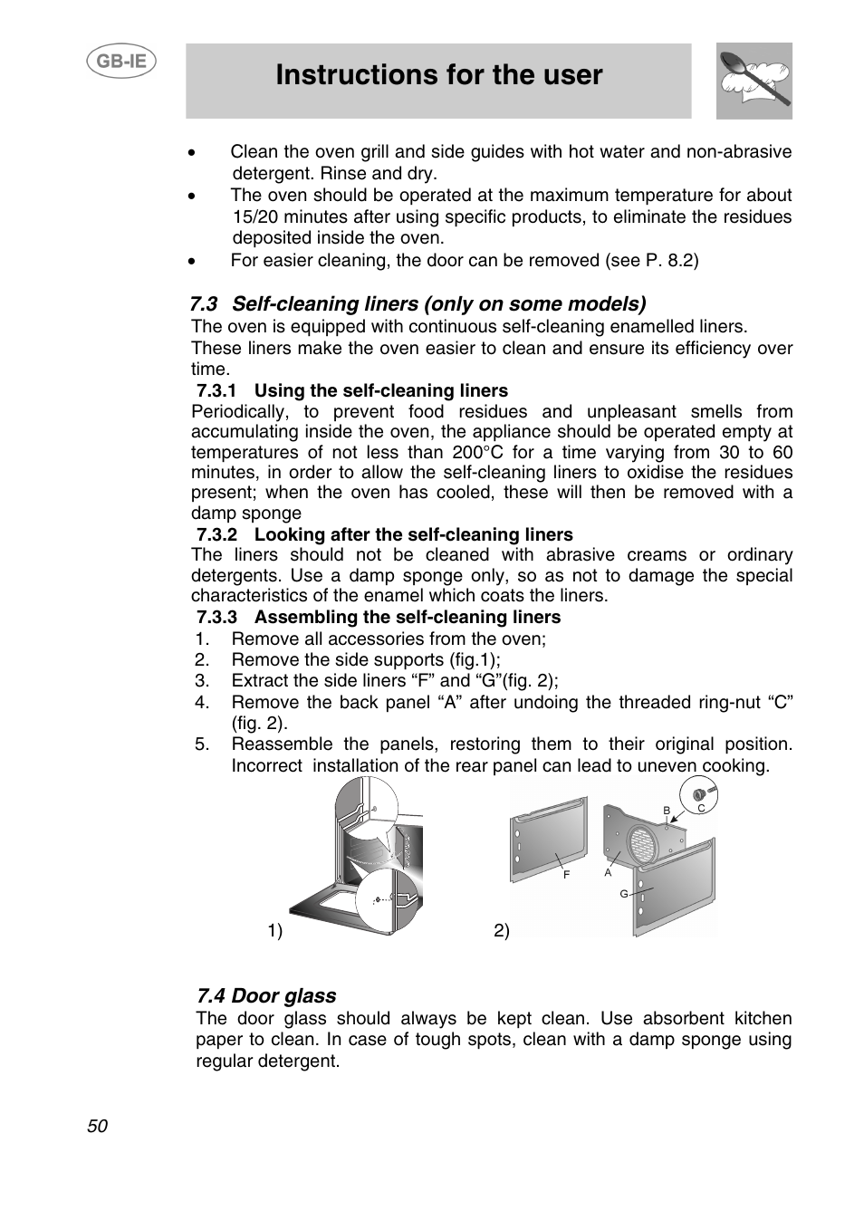 3 self-cleaning liners (only on some models), Using the self-cleaning liners, 2 looking after the self-cleaning liners | 3 assembling the self-cleaning liners, 4 door glass, Instructions for the user | Smeg AP420X User Manual | Page 23 / 25