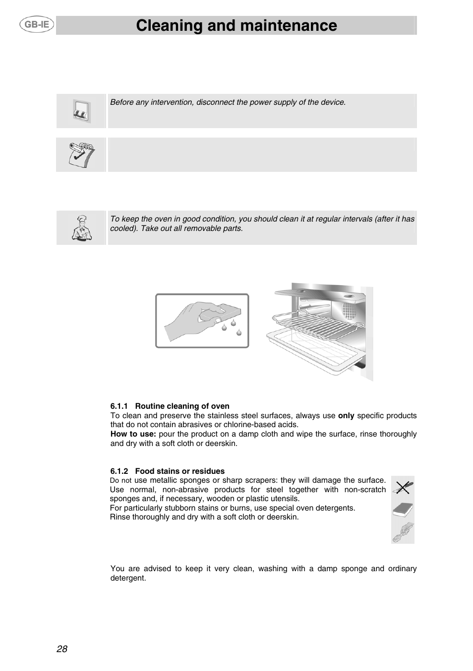 Cleaning and maintenance, 1 cleaning stainless steel, 2 door glass | Smeg F65-5 User Manual | Page 12 / 14