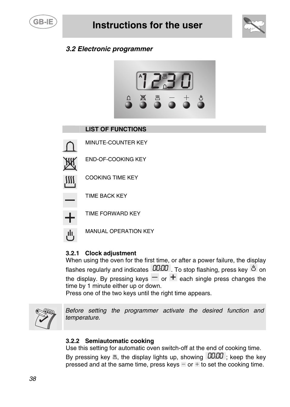 2 electronic programmer, 1 clock adjustment, 2 semiautomatic cooking | Instructions for the user | Smeg SC361X User Manual | Page 10 / 26