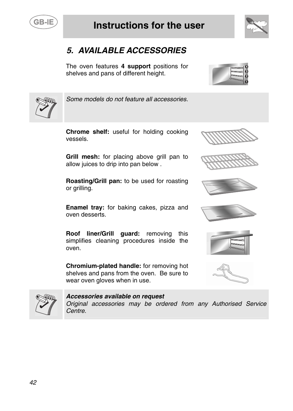 Available accessories, Instructions for the user | Smeg SC361X User Manual | Page 14 / 26