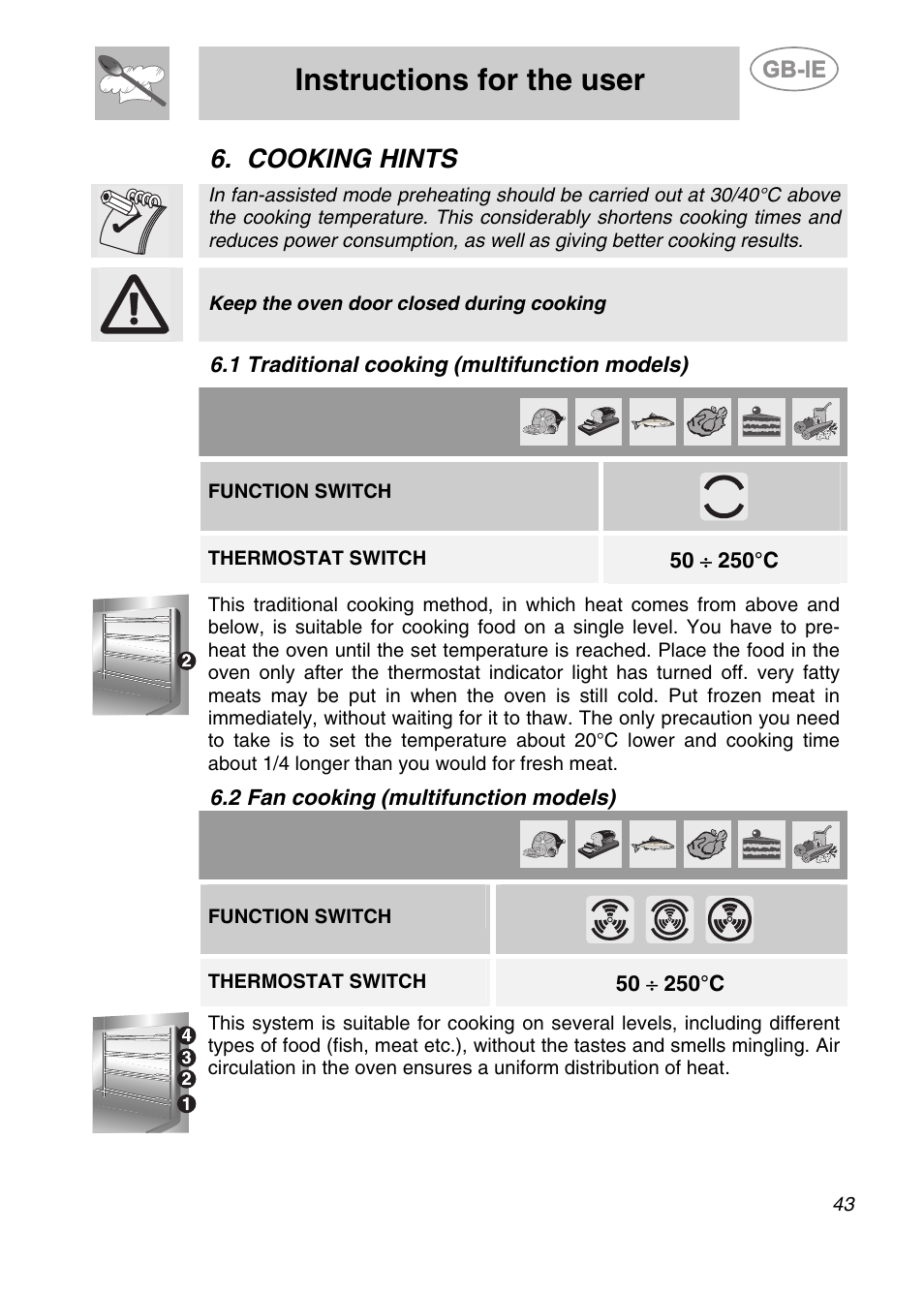 Cooking hints, 1 traditional cooking (multifunction models), 2 fan cooking (multifunction models) | Instructions for the user, Keep the oven door closed during cooking, Function switch, Thermostat switch | Smeg SC361X User Manual | Page 15 / 26