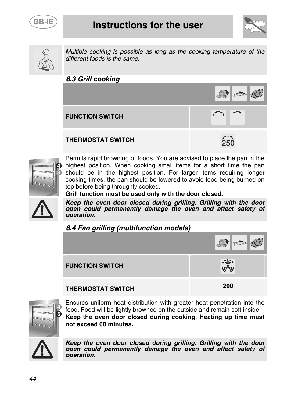 3 grill cooking, 4 fan grilling (multifunction models), Instructions for the user | Function switch, Thermostat switch | Smeg SC361X User Manual | Page 16 / 26