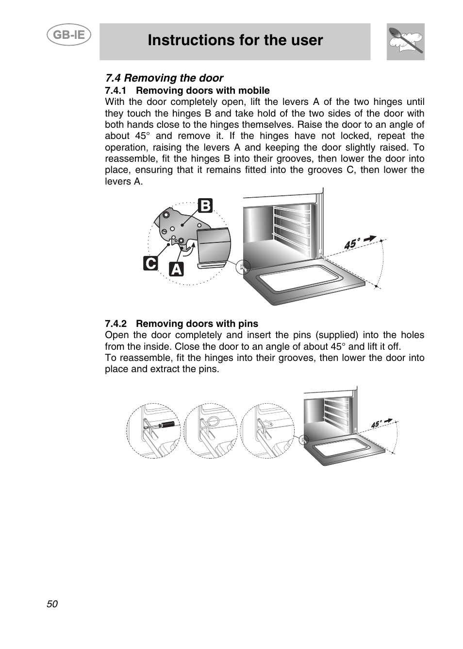 Removing the door, 1 removing doors with mobile, 2 removing doors with pins | Instructions for the user | Smeg SC361X User Manual | Page 22 / 26