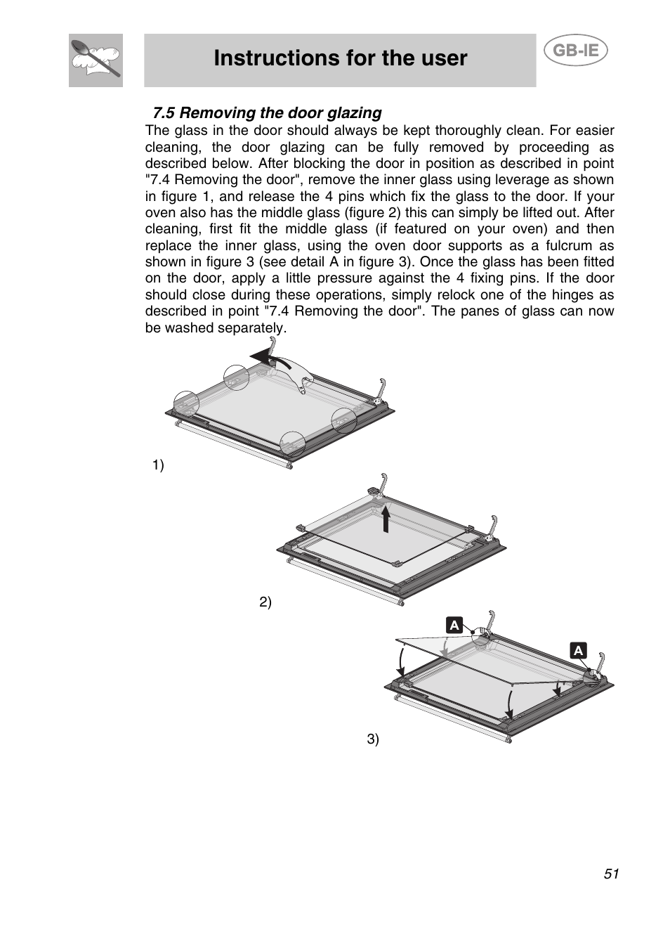 5 removing the door glazing, Instructions for the user | Smeg SC361X User Manual | Page 23 / 26