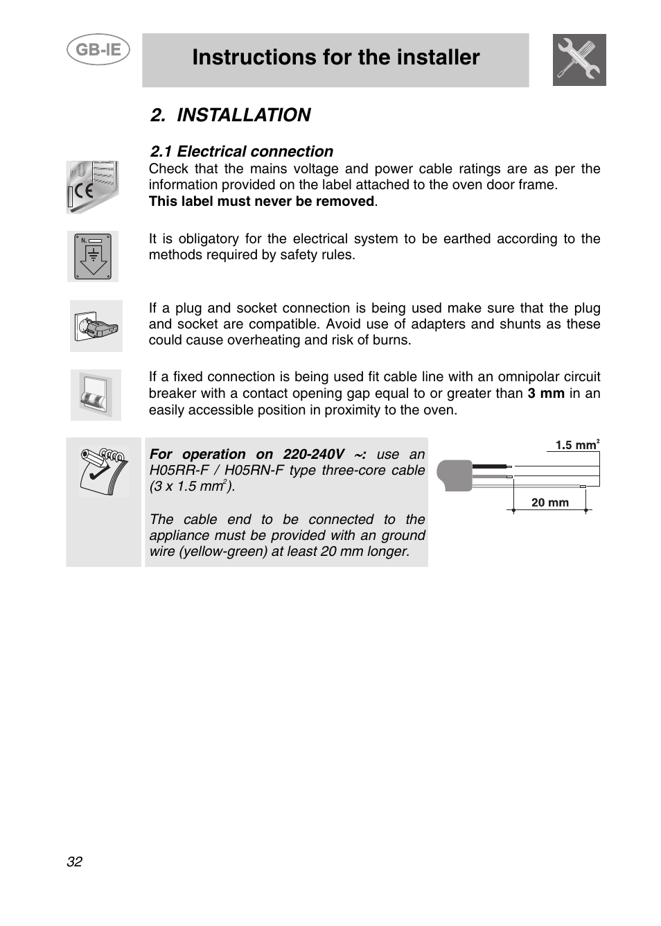 Installation, 1 electrical connection, Instructions for the installer | Smeg SC361X User Manual | Page 4 / 26