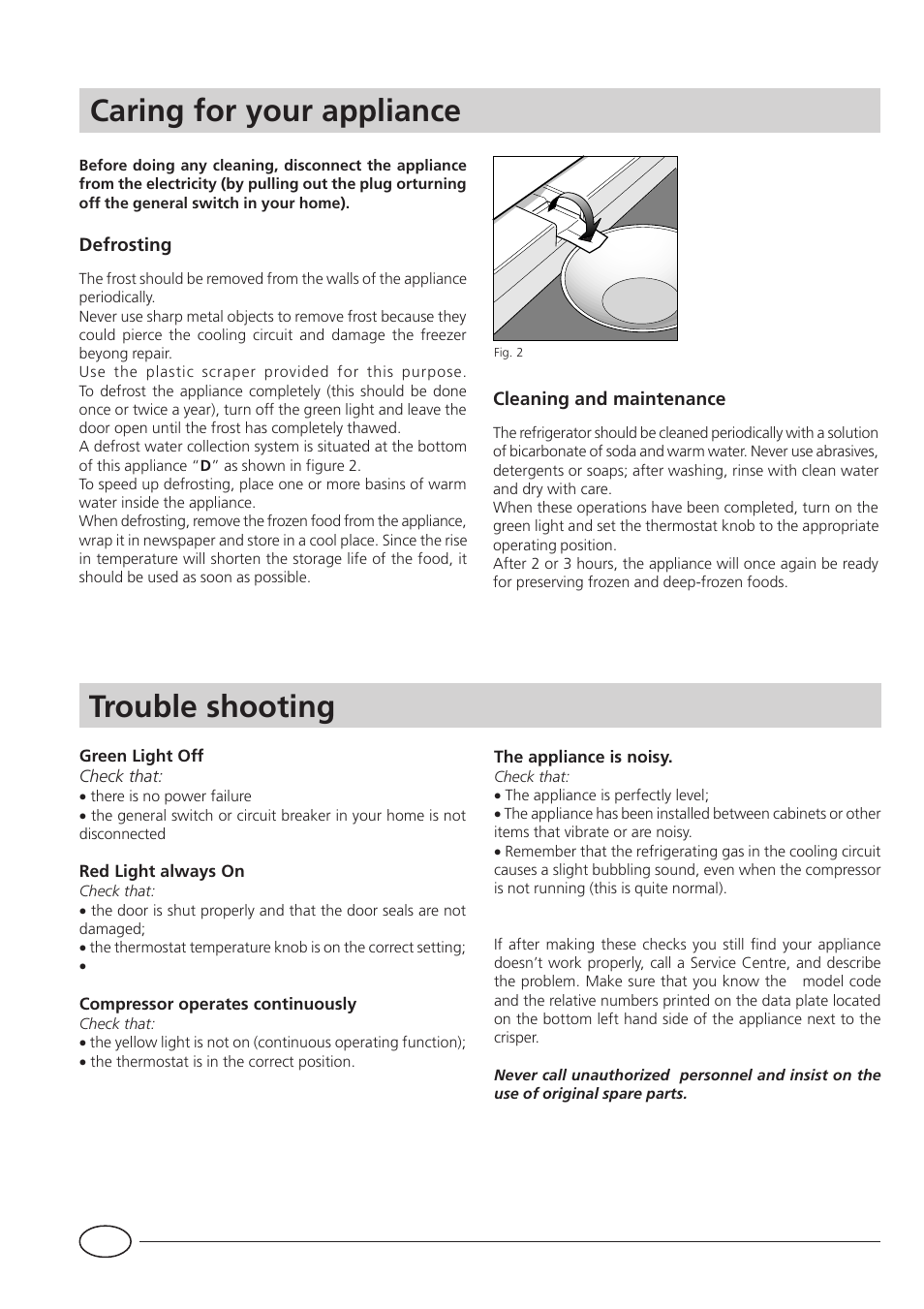 Caring for your appliance, Trouble shooting | Smeg VR105B User Manual | Page 5 / 7