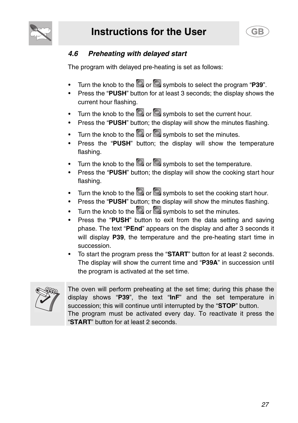 6 preheating with delayed start, Instructions for the user | Smeg ALFA41XE2 User Manual | Page 10 / 15