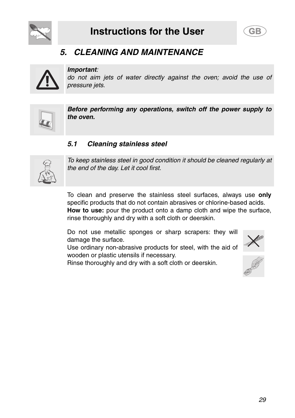 Cleaning and maintenance, 1 cleaning stainless steel, Instructions for the user | Smeg ALFA41XE2 User Manual | Page 12 / 15