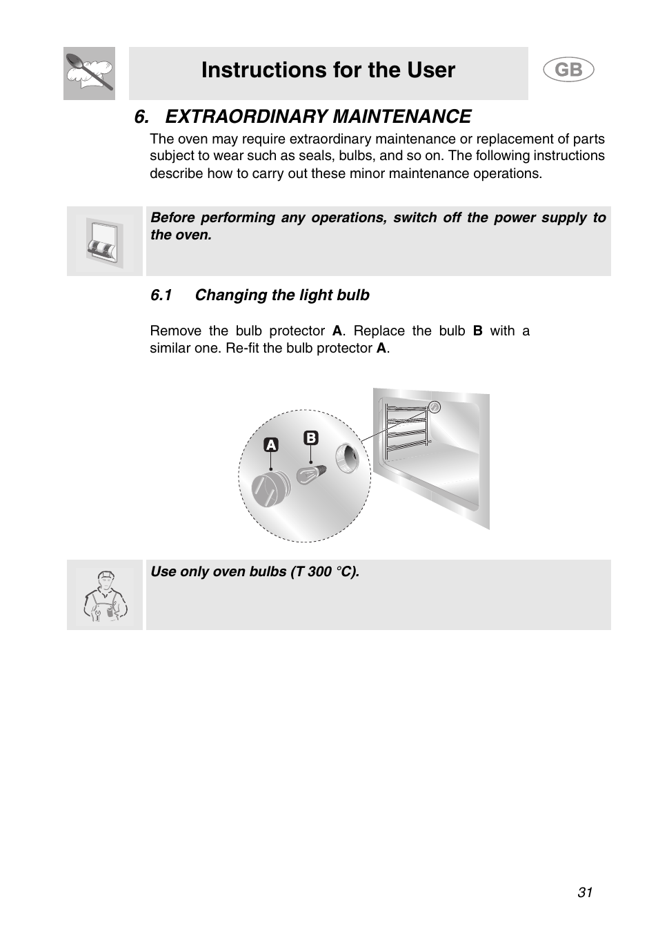 Extraordinary maintenance, 1 changing the light bulb, Instructions for the user | Smeg ALFA41XE2 User Manual | Page 14 / 15