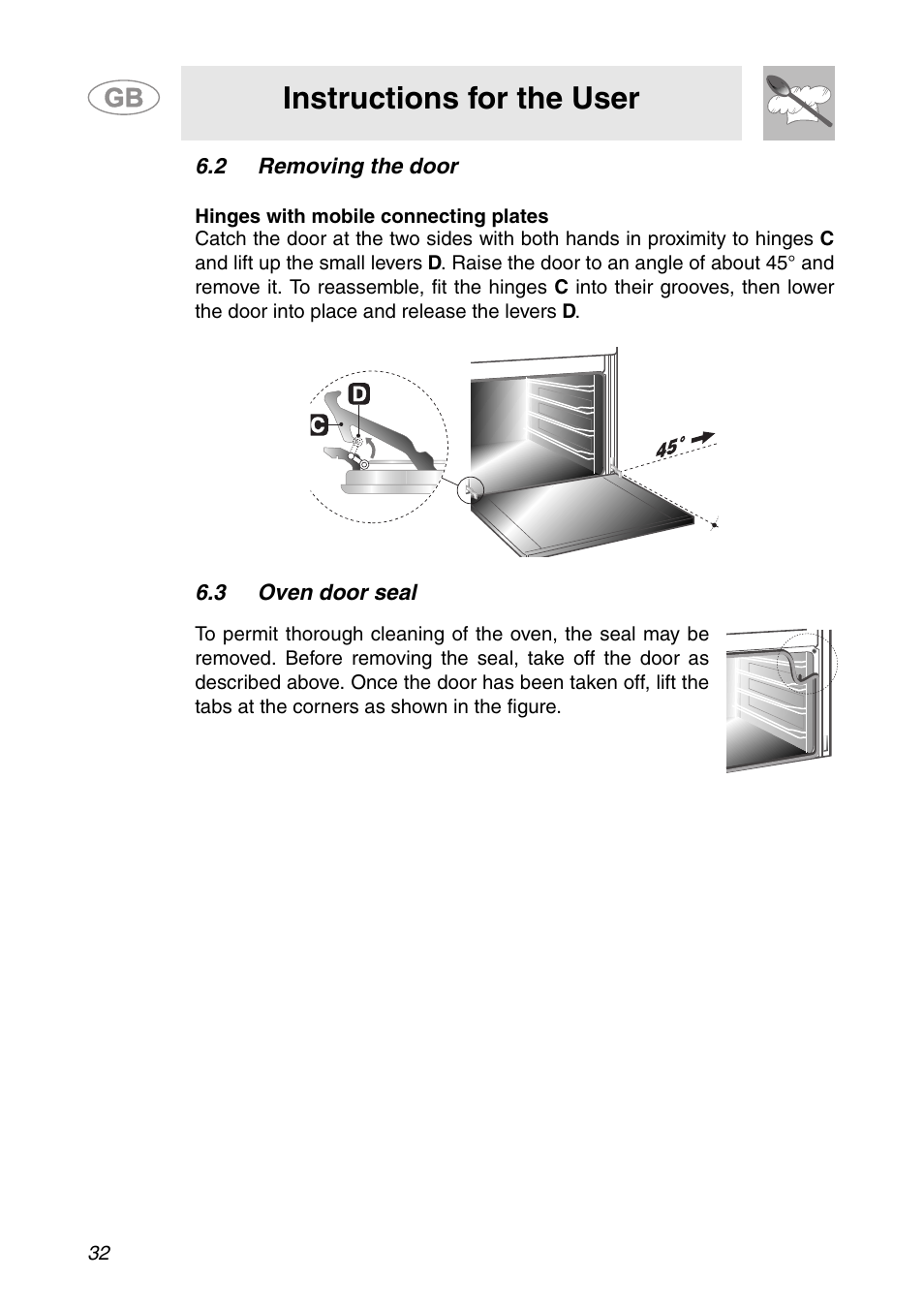 2 removing the door, 3 oven door seal, Instructions for the user | Smeg ALFA41XE2 User Manual | Page 15 / 15