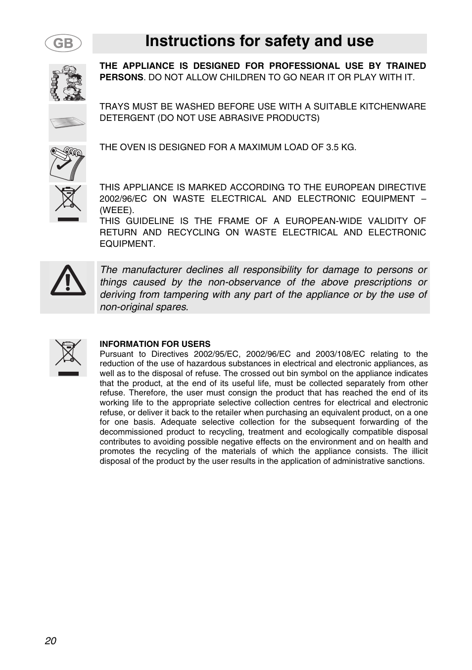 Instructions for safety and use | Smeg ALFA41XE2 User Manual | Page 3 / 15