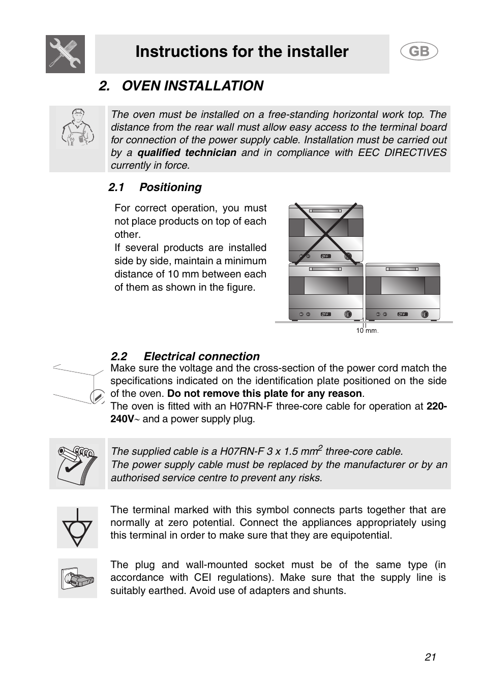 Oven installation, 1 positioning, 2 electrical connection | Instructions for the installer | Smeg ALFA41XE2 User Manual | Page 4 / 15