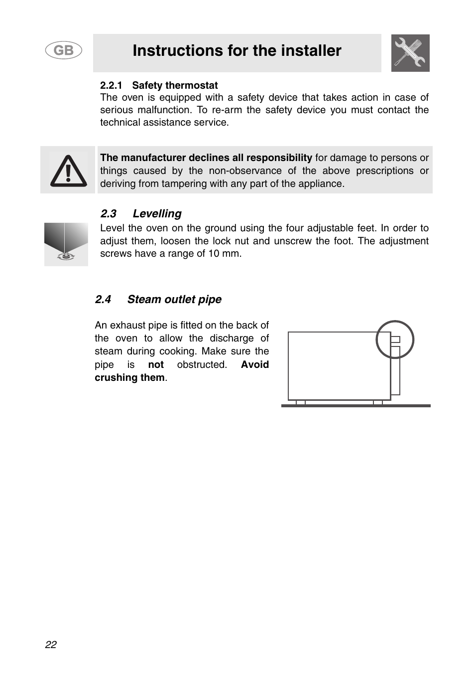 1 safety thermostat, 3 levelling, 4 steam outlet pipe | Instructions for the installer | Smeg ALFA41XE2 User Manual | Page 5 / 15