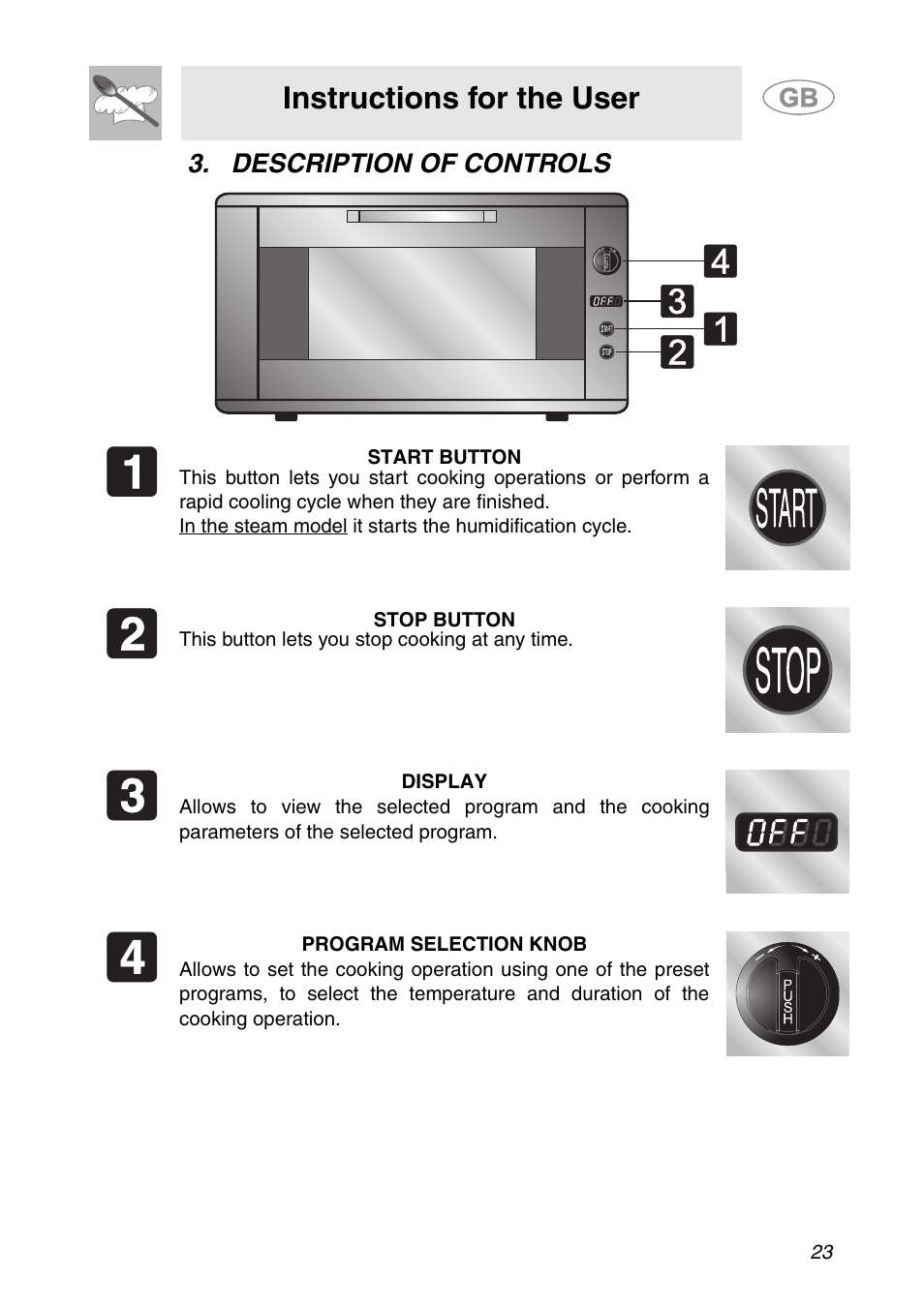 Description of controls, Instructions for the user | Smeg ALFA41XE2 User Manual | Page 6 / 15