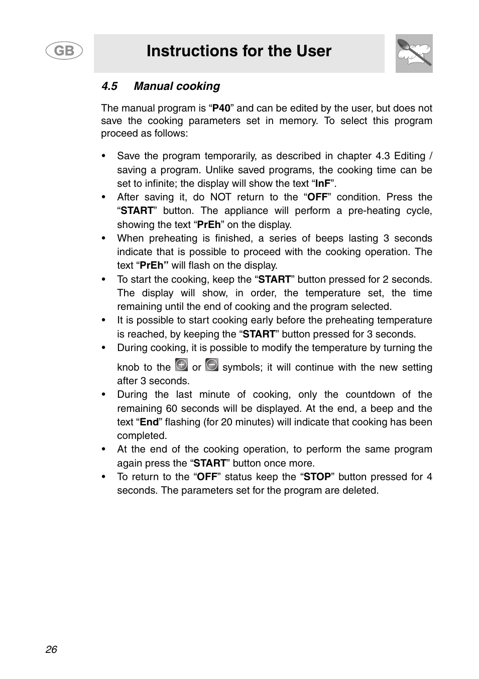 5 manual cooking, Instructions for the user | Smeg ALFA41XE2 User Manual | Page 9 / 15