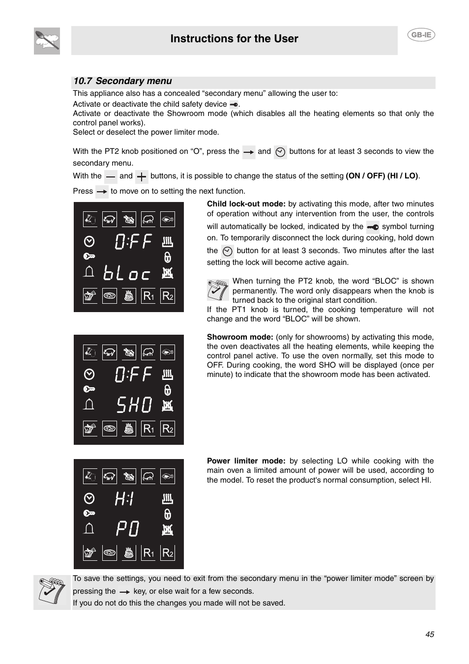 7 secondary menu, Instructions for the user | Smeg CE92IMX User Manual | Page 15 / 28