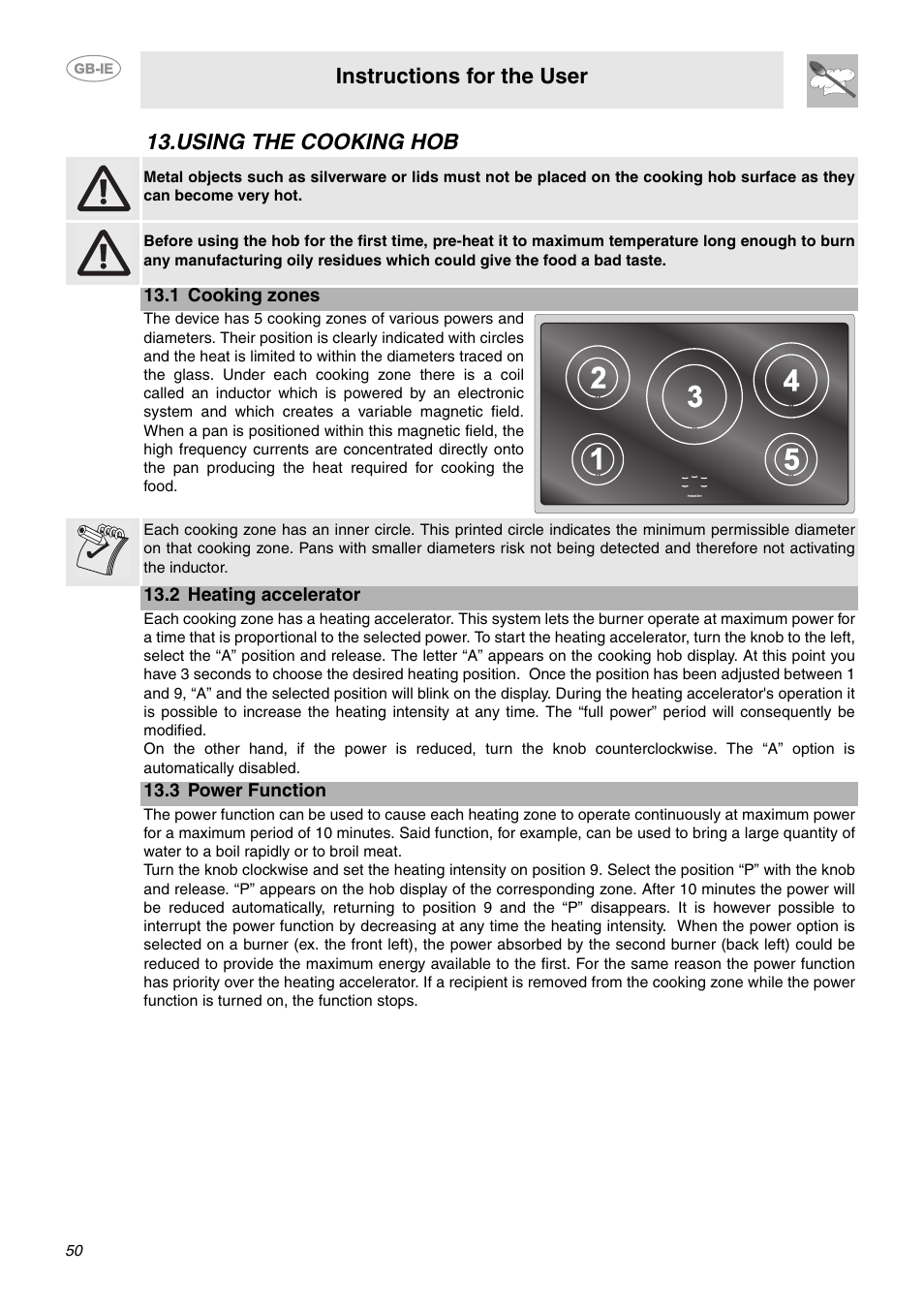 Using the cooking hob, 1 cooking zones, 2 heating accelerator | 3 power function, Instructions for the user | Smeg CE92IMX User Manual | Page 20 / 28