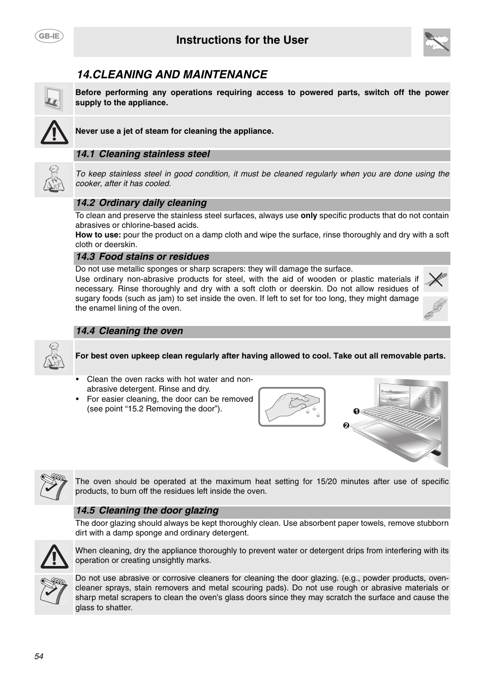 Cleaning and maintenance, 1 cleaning stainless steel, 2 ordinary daily cleaning | 3 food stains or residues, 4 cleaning the oven, 5 cleaning the door glazing, Instructions for the user | Smeg CE92IMX User Manual | Page 24 / 28