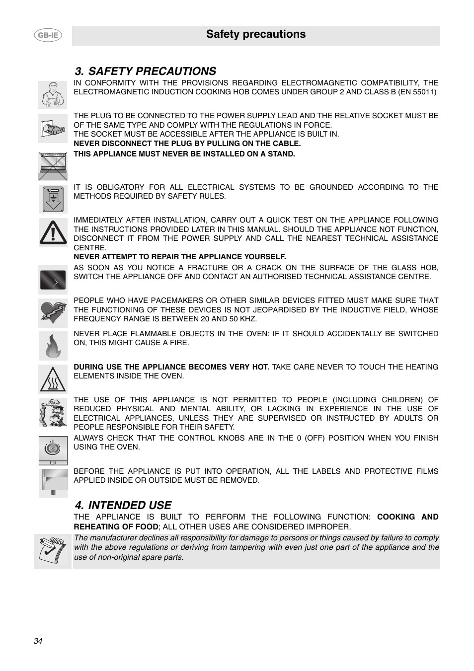 Safety precautions, Intended use, Safety precautions 4. intended use | Smeg CE92IMX User Manual | Page 4 / 28