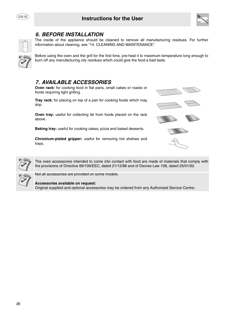 Before installation, Available accessories, Instructions for the user | Before installation 7. available accessories | Smeg CE92IMX User Manual | Page 6 / 28