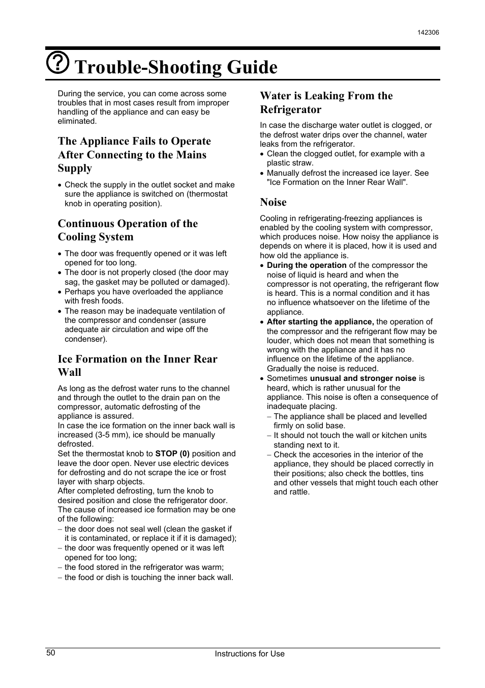Trouble-shooting guide, Continuous operation of the cooling system, Ice formation on the inner rear wall | Water is leaking from the refrigerator, Noise | Smeg 142306 User Manual | Page 10 / 11
