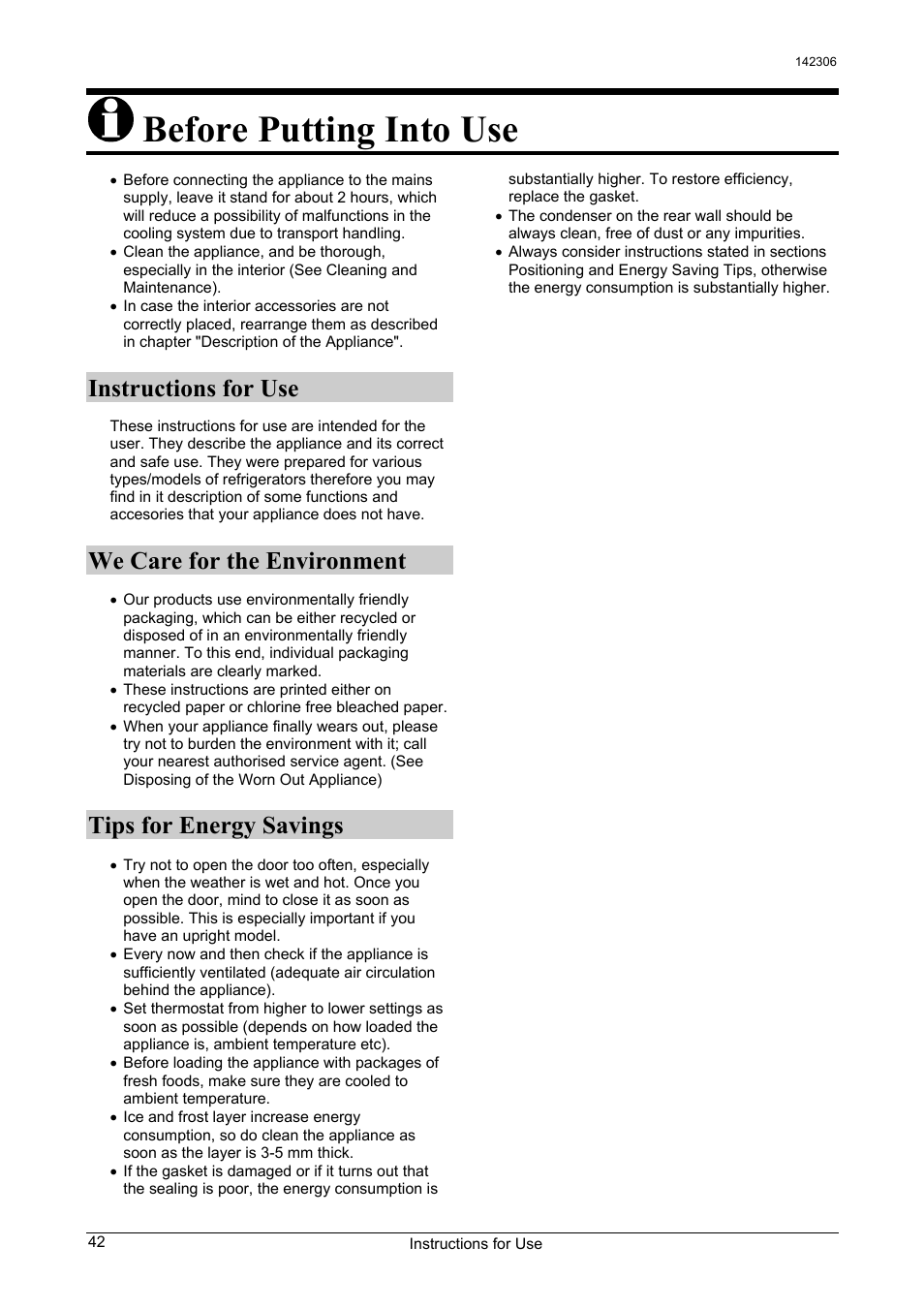 Before putting into use, Instructions for use, We care for the environment | Tips for energy savings | Smeg 142306 User Manual | Page 2 / 11