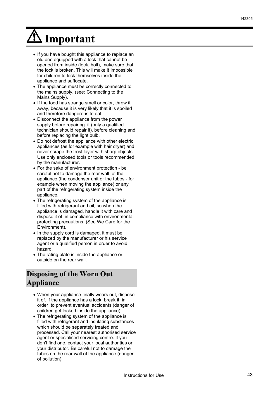 Important, Disposing of the worn out appliance | Smeg 142306 User Manual | Page 3 / 11