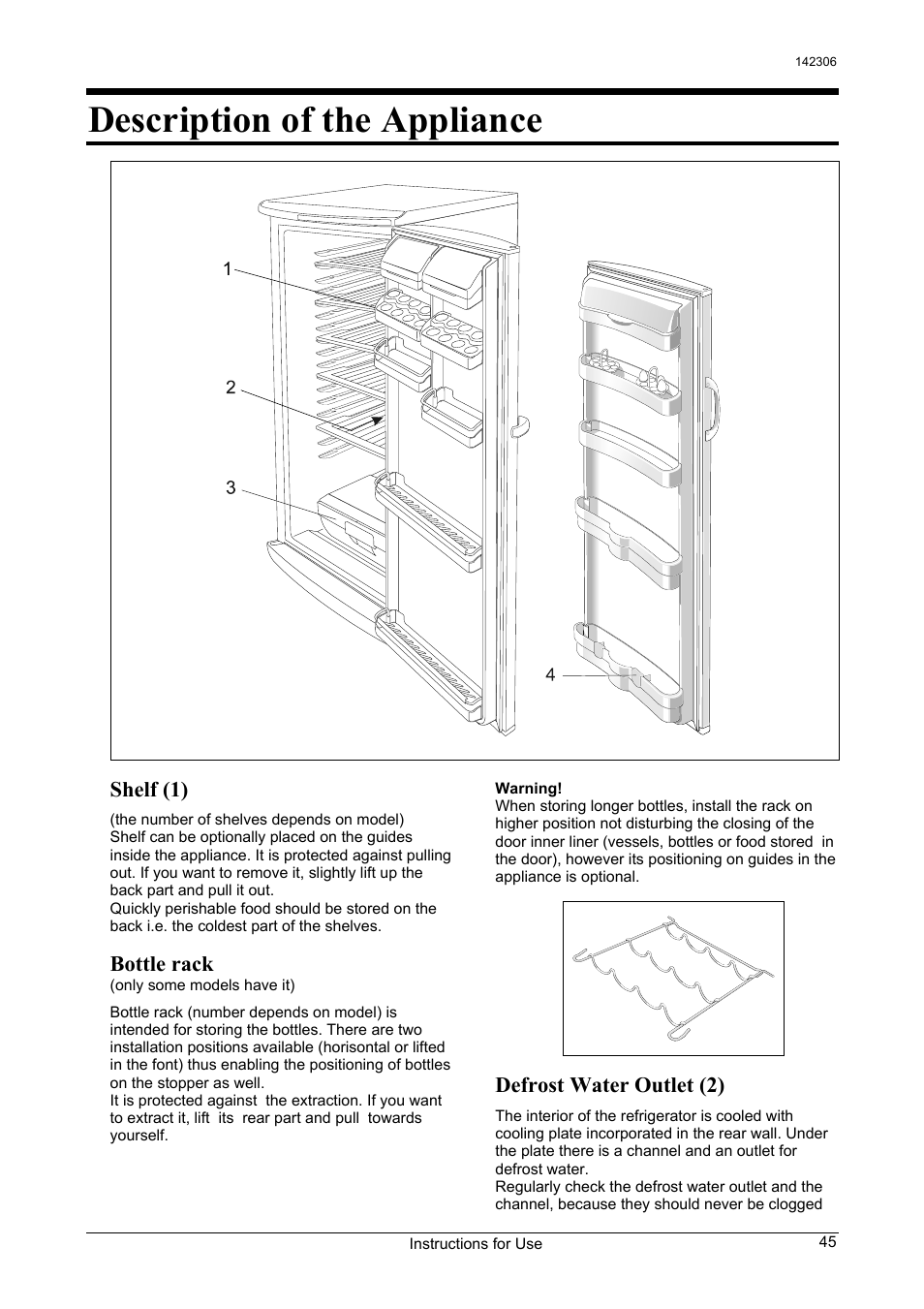Description of the appliance, Shelf (1), Bottle rack | Defrost water outlet (2) | Smeg 142306 User Manual | Page 5 / 11