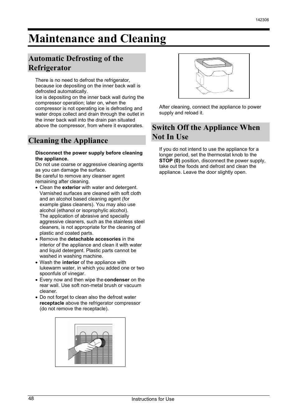 Maintenance and cleaning, Automatic defrosting of the refrigerator, Cleaning the appliance | Switch off the appliance when not in use | Smeg 142306 User Manual | Page 8 / 11