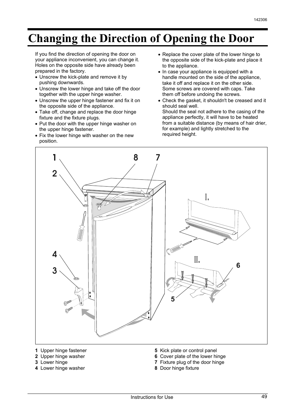 Changing the direction of opening the door | Smeg 142306 User Manual | Page 9 / 11
