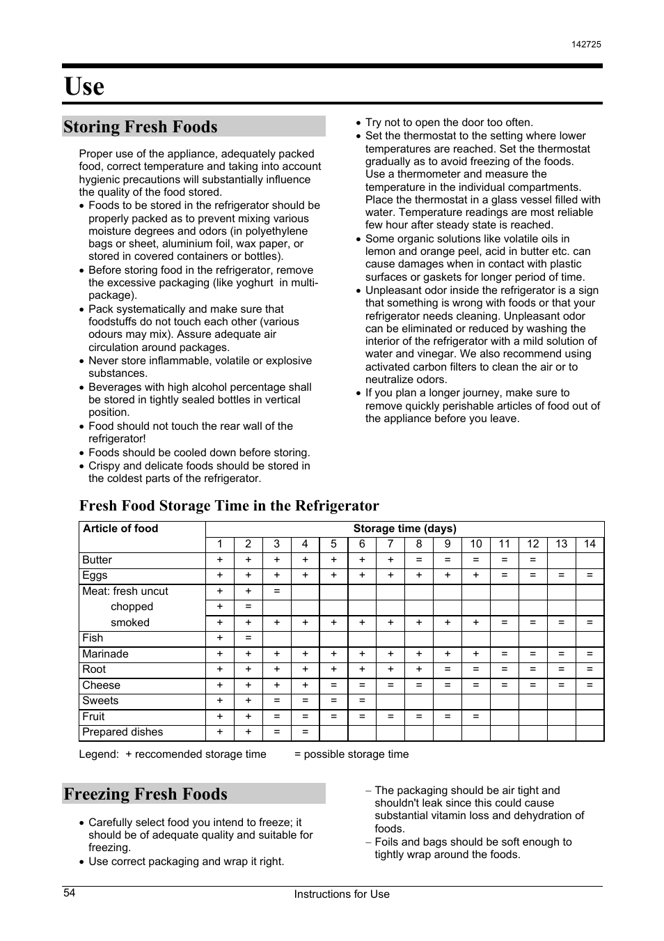 Storing fresh foods, Freezing fresh foods, Fresh food storage time in the refrigerator | Smeg FA28AP User Manual | Page 8 / 14