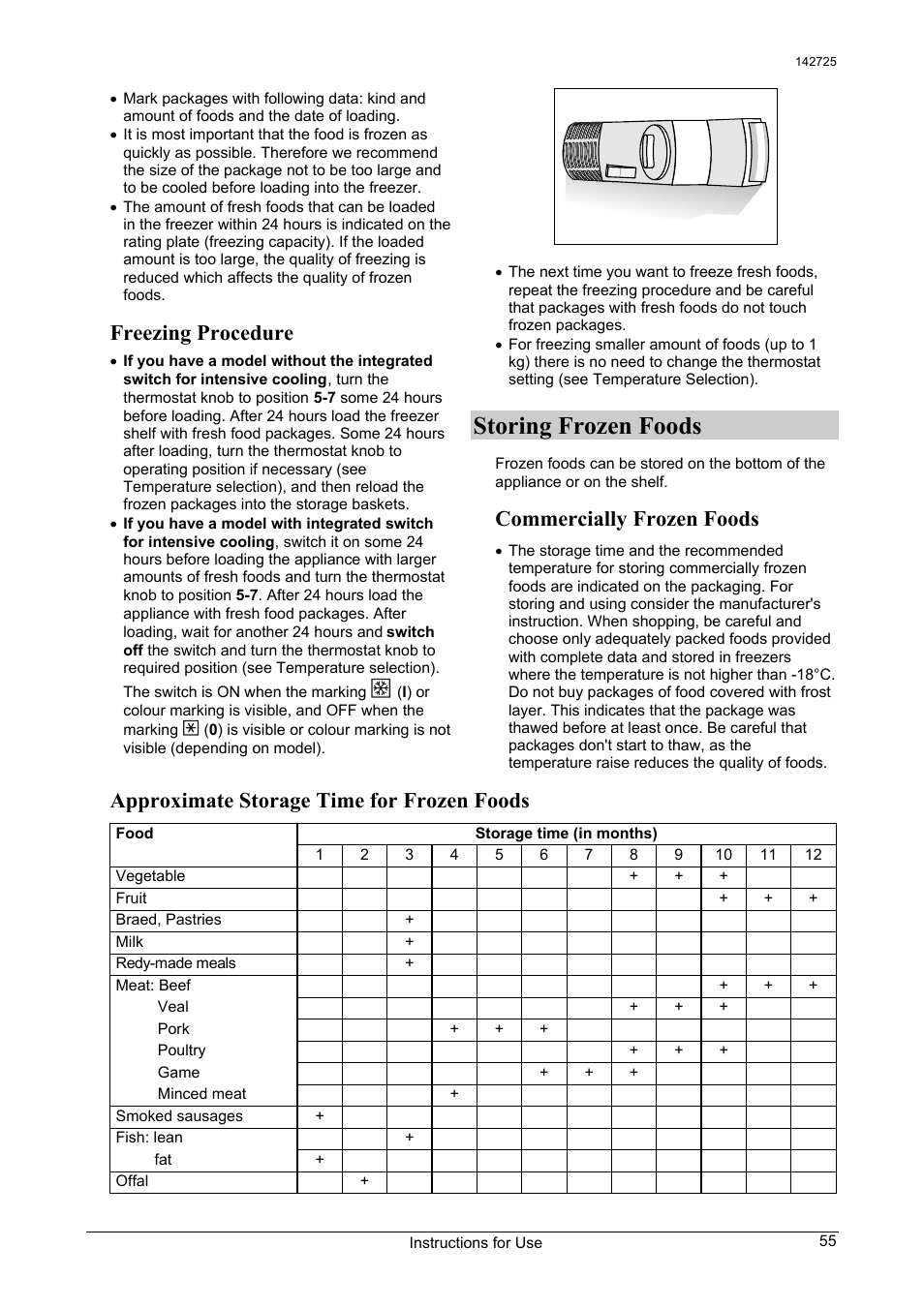 Storing frozen foods, Freezing procedure, Commercially frozen foods | Approximate storage time for frozen foods | Smeg FA28AP User Manual | Page 9 / 14