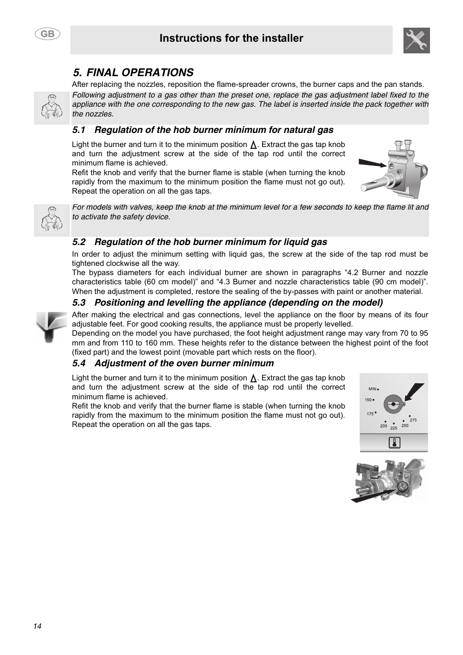 Final operations, 4 adjustment of the oven burner minimum, Instructions for the installer | Smeg C9GGSSA User Manual | Page 12 / 24