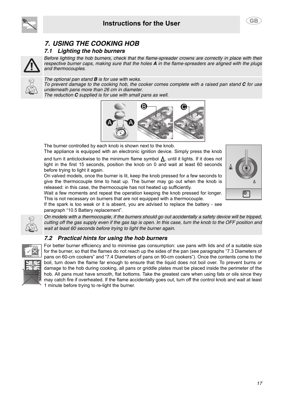 Using the cooking hob, 1 lighting the hob burners, 2 practical hints for using the hob burners | Instructions for the user | Smeg C9GGSSA User Manual | Page 15 / 24