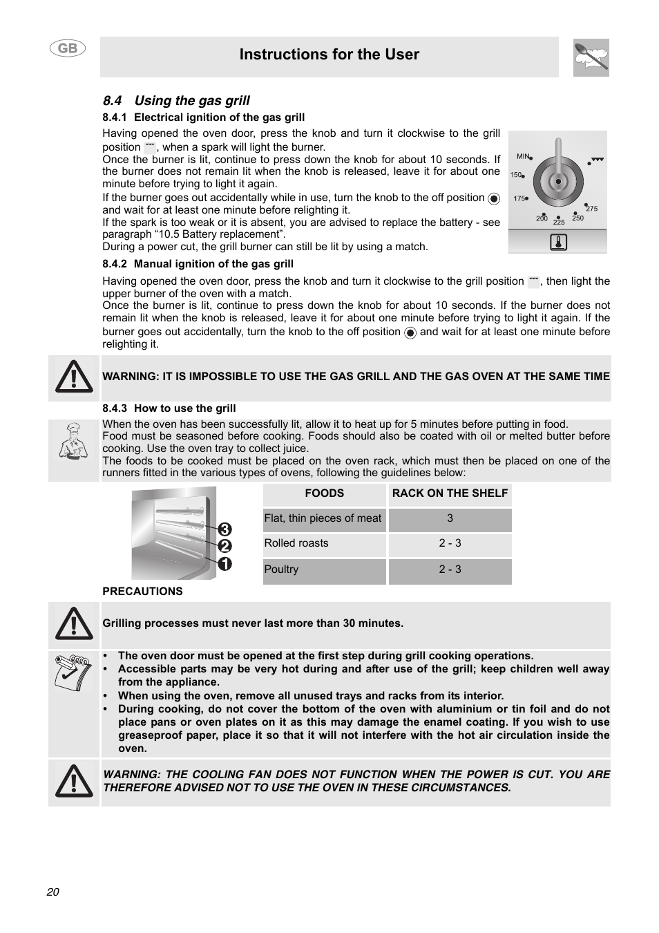 4 using the gas grill, 1 electrical ignition of the gas grill, 2 manual ignition of the gas grill | 3 how to use the grill, Instructions for the user | Smeg C9GGSSA User Manual | Page 18 / 24