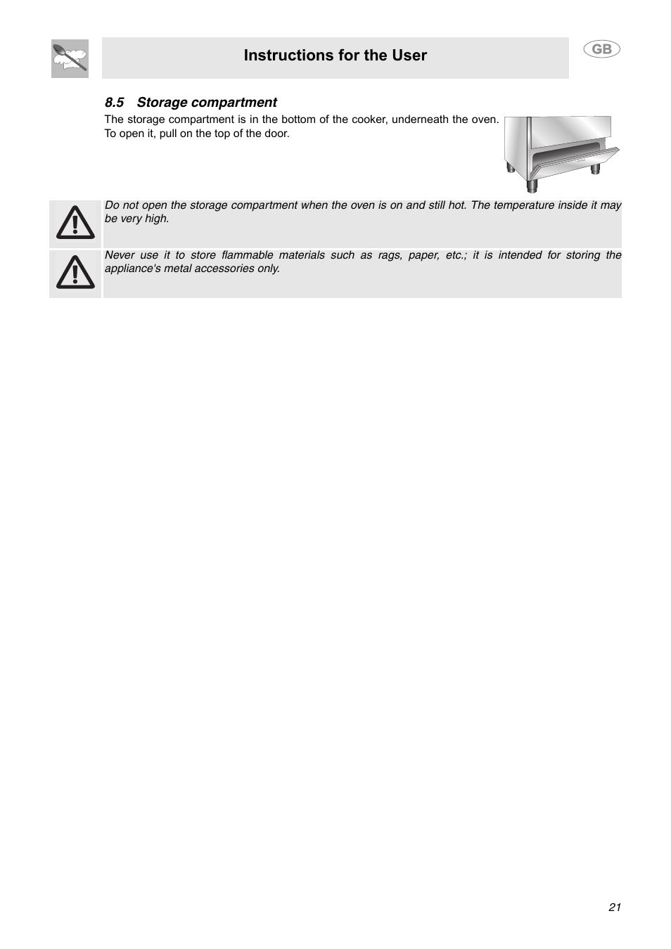 5 storage compartment, Instructions for the user | Smeg C9GGSSA User Manual | Page 19 / 24
