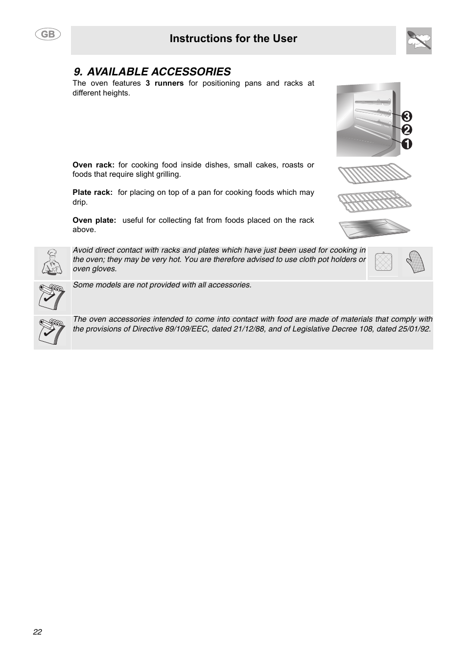 Available accessories, Instructions for the user | Smeg C9GGSSA User Manual | Page 20 / 24